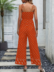 Floral Print Lace Up Wide Leg Jumpsuit