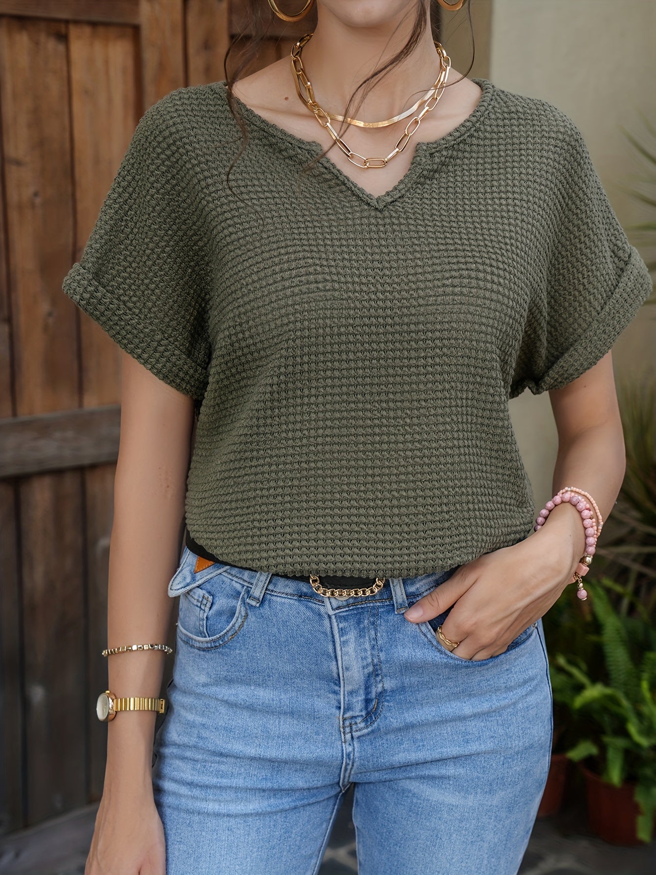 Waffle Knit V Neck Blouse Casual Short Sleeve Blouse