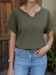 Waffle Knit V Neck Blouse Casual Short Sleeve Blouse