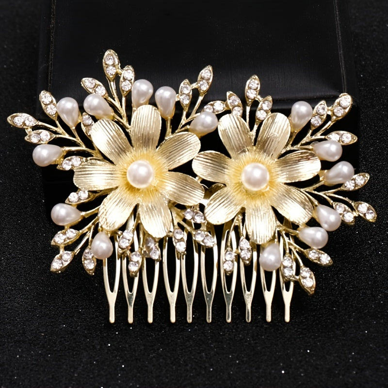 Bridal Rhinestone Hair Comb Clip with Faux Pearl Leaf