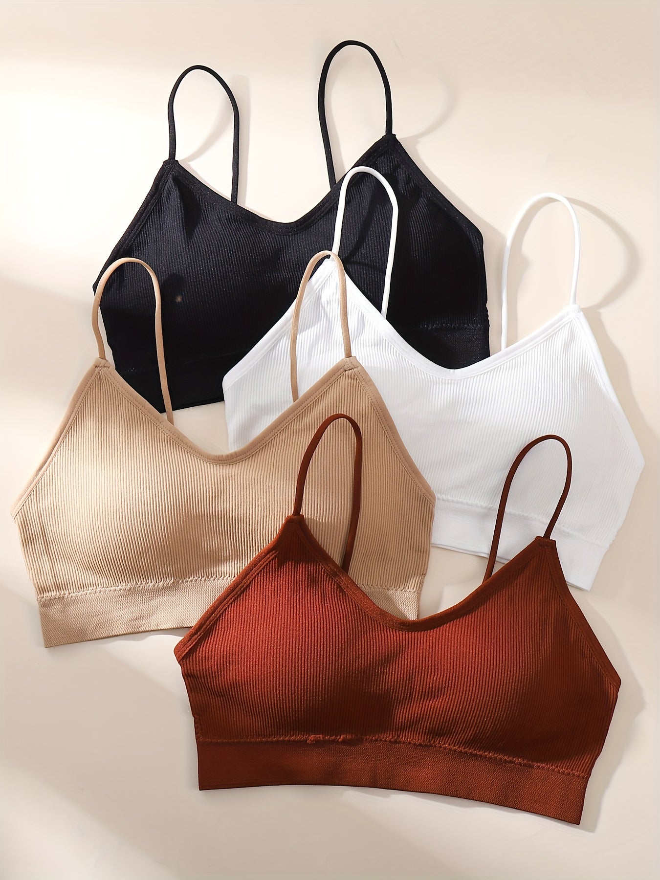 4pcs Ribbed Wireless Bras, Comfy & Breathable Intimates, Lingerie & Underwear
