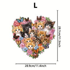 Heart Shaped Floral Kitten Family Wooden Puzzle