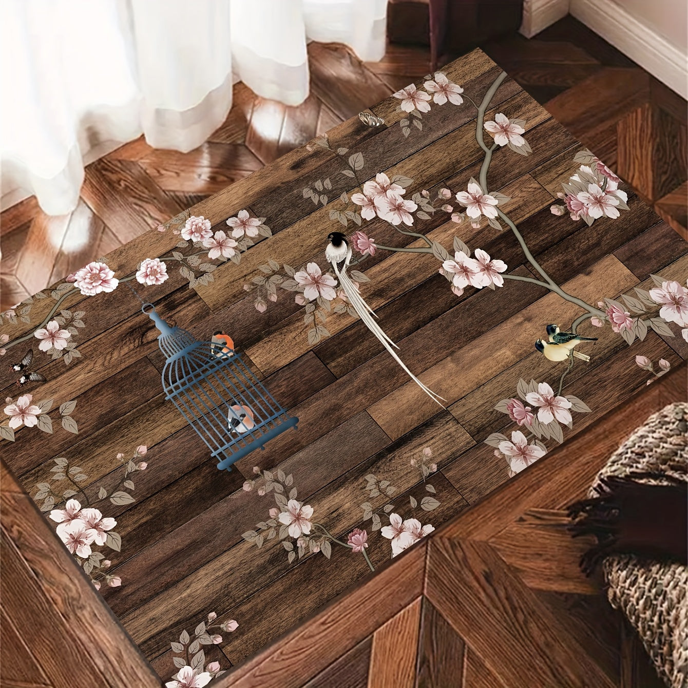 Wooden Striped Area Rug Flower And Bird Pattern Carpet Machine Washable