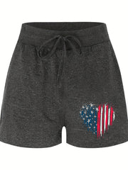 Heart Print Drawstring Shorts Casual Shorts For Spring & Summer Women's Clothing