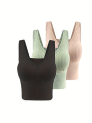 3pcs Ribbed Tank Tops V Neck Padded Women's Lingerie