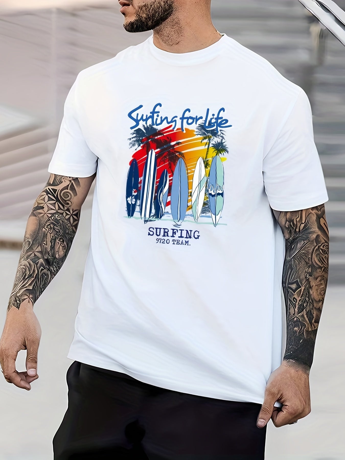 Tropical Retro Letter Print Men's Graphic Crew Neck T shirt