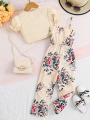 Girls 2pcs Floral Camisole Jumpsuit & Puff Sleeve Coat Set