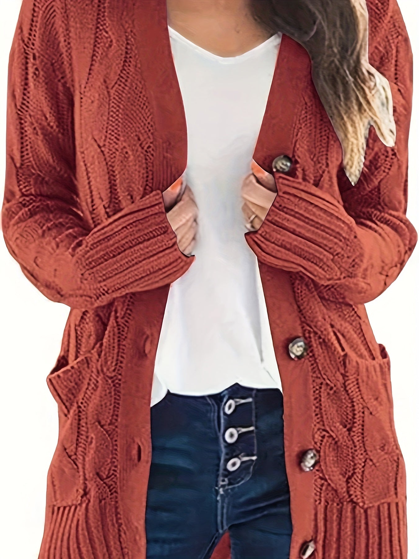Cable Knit Button Up Cardigan with Pockets