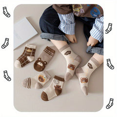 5 Pairs Boy's Cartoon Striped Crew Socks Comfortable Casual Style Unisex Socks