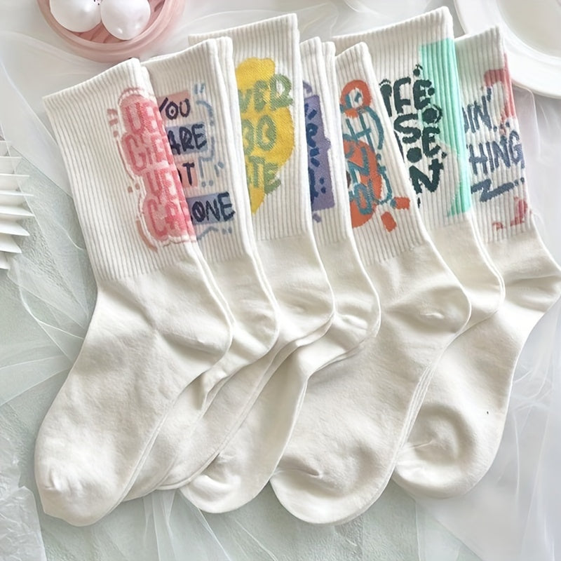 7 Pairs Letter Print Socks Comfy & Breathable Mid Tube Socks Women's Stockings