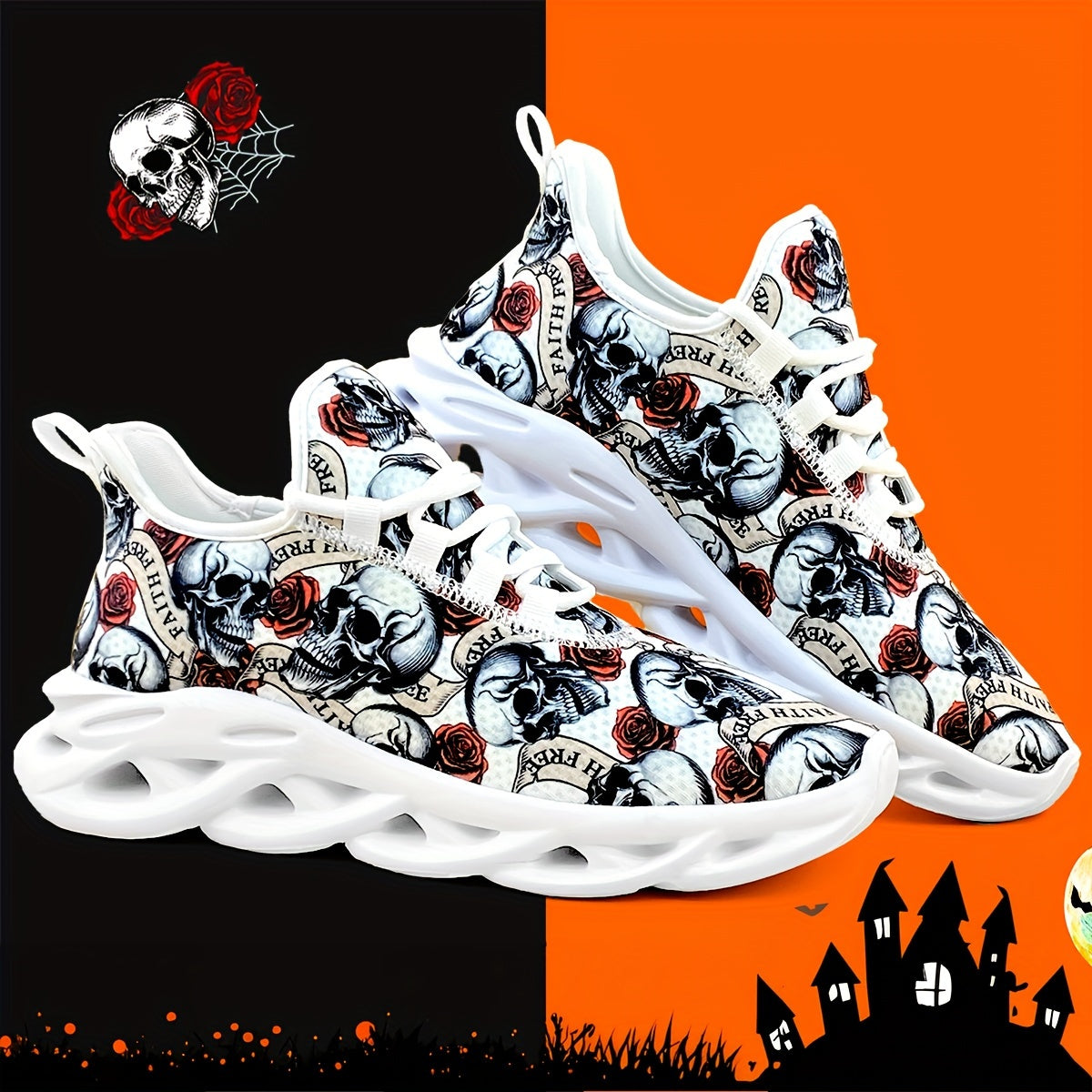 Skull & Rose Pattern Outdoor Sneakers Lightweight Sport Shoes