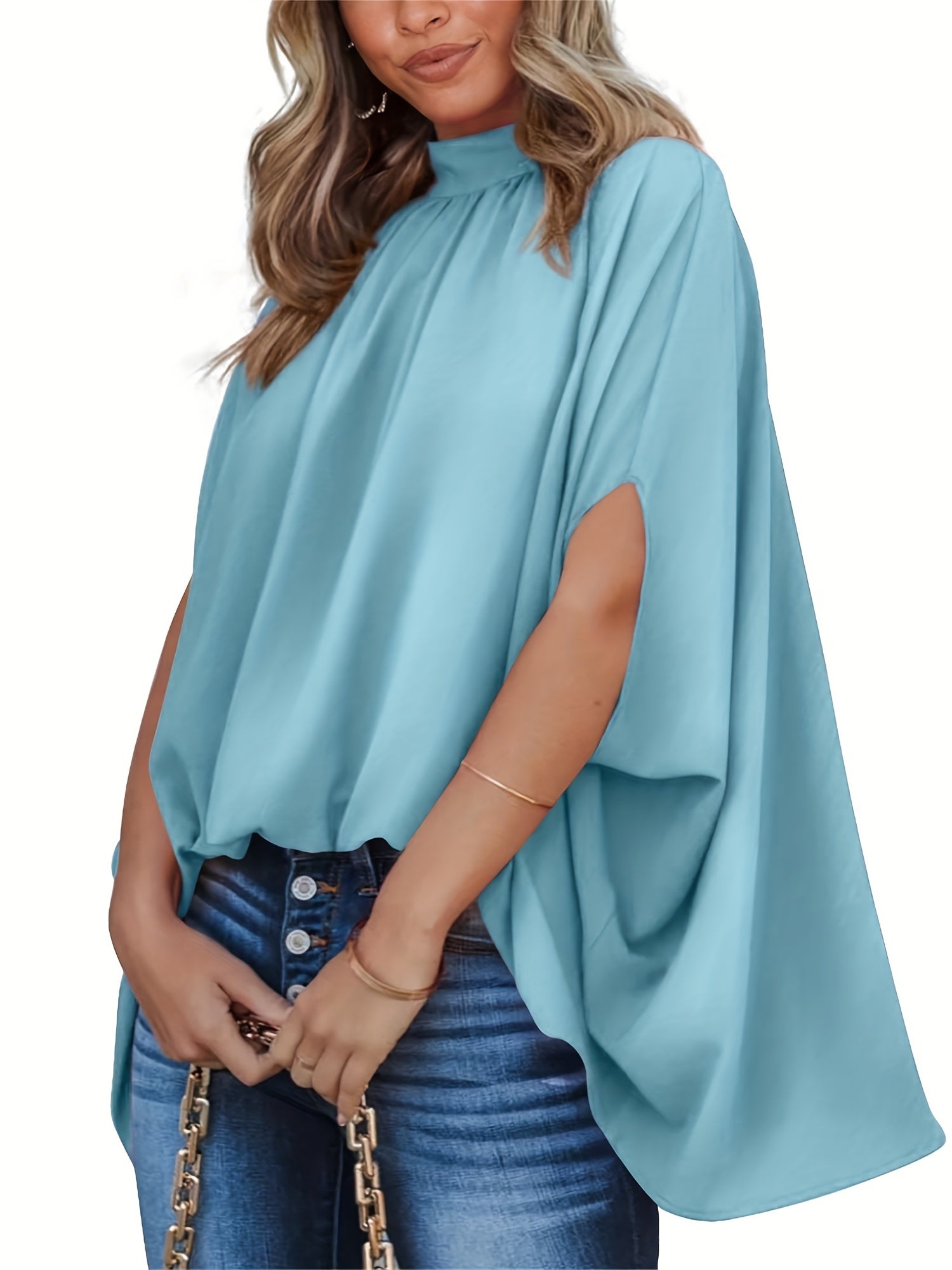 Casual Ruched High Collar Loose Blouse Women's Clothing