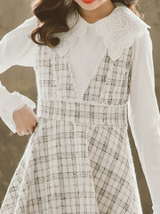 Girls Lace Trim LS Shirt & Plaid V neck Skirt Overall Dress Set