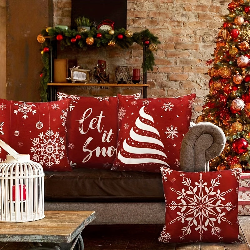 Red Christmas Throw Pillow Cover Tree Deer Snowman Merry Decoration