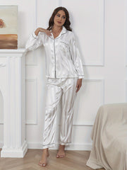 Striped Satin Pajama Set Long Sleeve Buttons Top & Pants