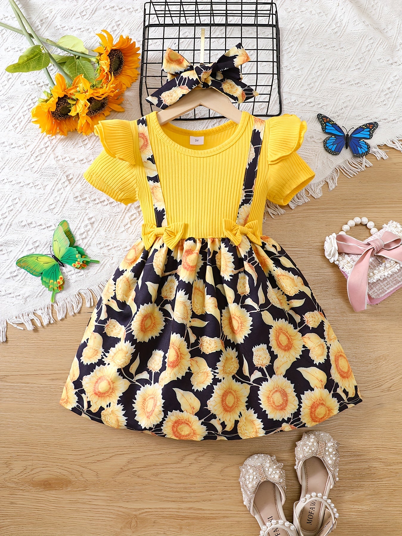Toddler Girls Butterfly Graphic Suspenders Spliced Princess Dress