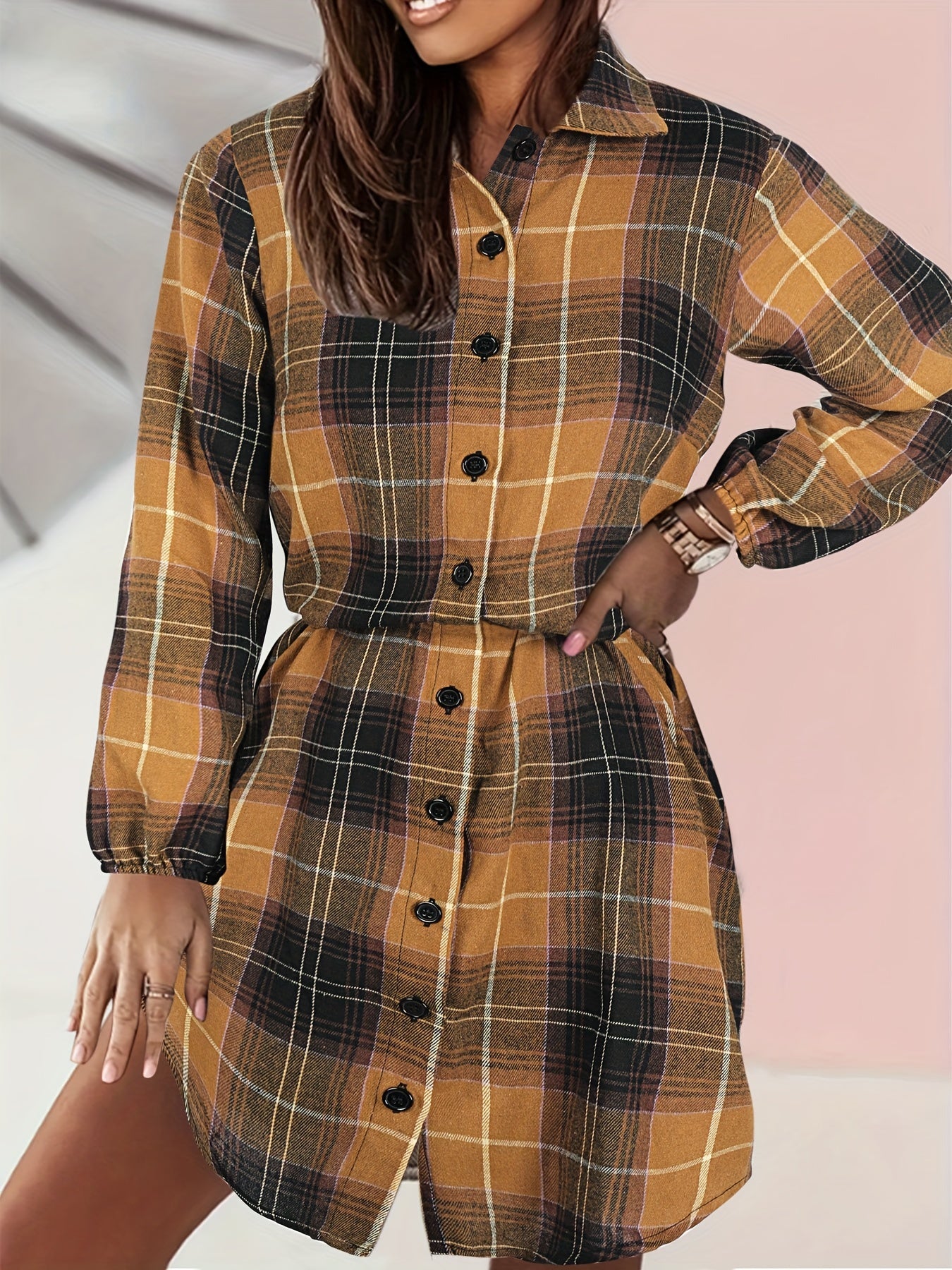 Plaid Print Shirt Dress Vintage Button Front Long Sleeve Dress Women's Clothing