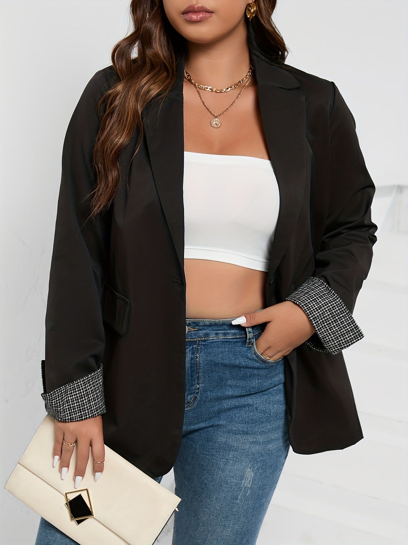 Blazer Women's Plus Solid Lapel Collar Button Blazer