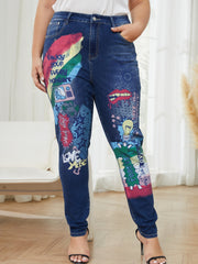 Graphic Print Button Fly Stretch Jeans