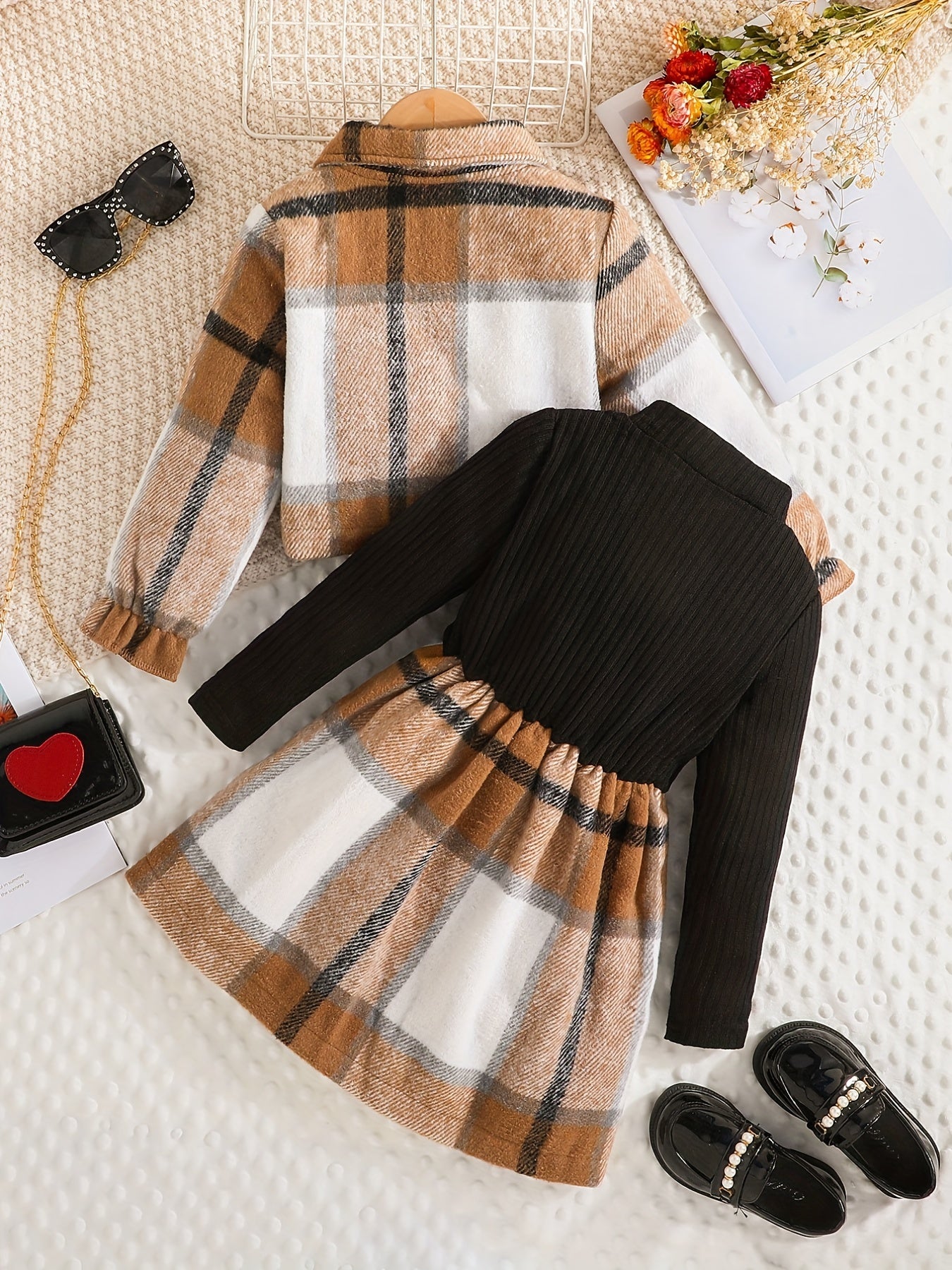 Girl's Plaid Outfit 2pcs Button Jacket & Turtleneck Dress Set