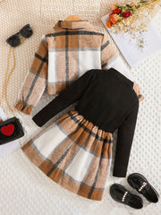 Girl's Plaid Outfit 2pcs Button Jacket & Turtleneck Dress Set