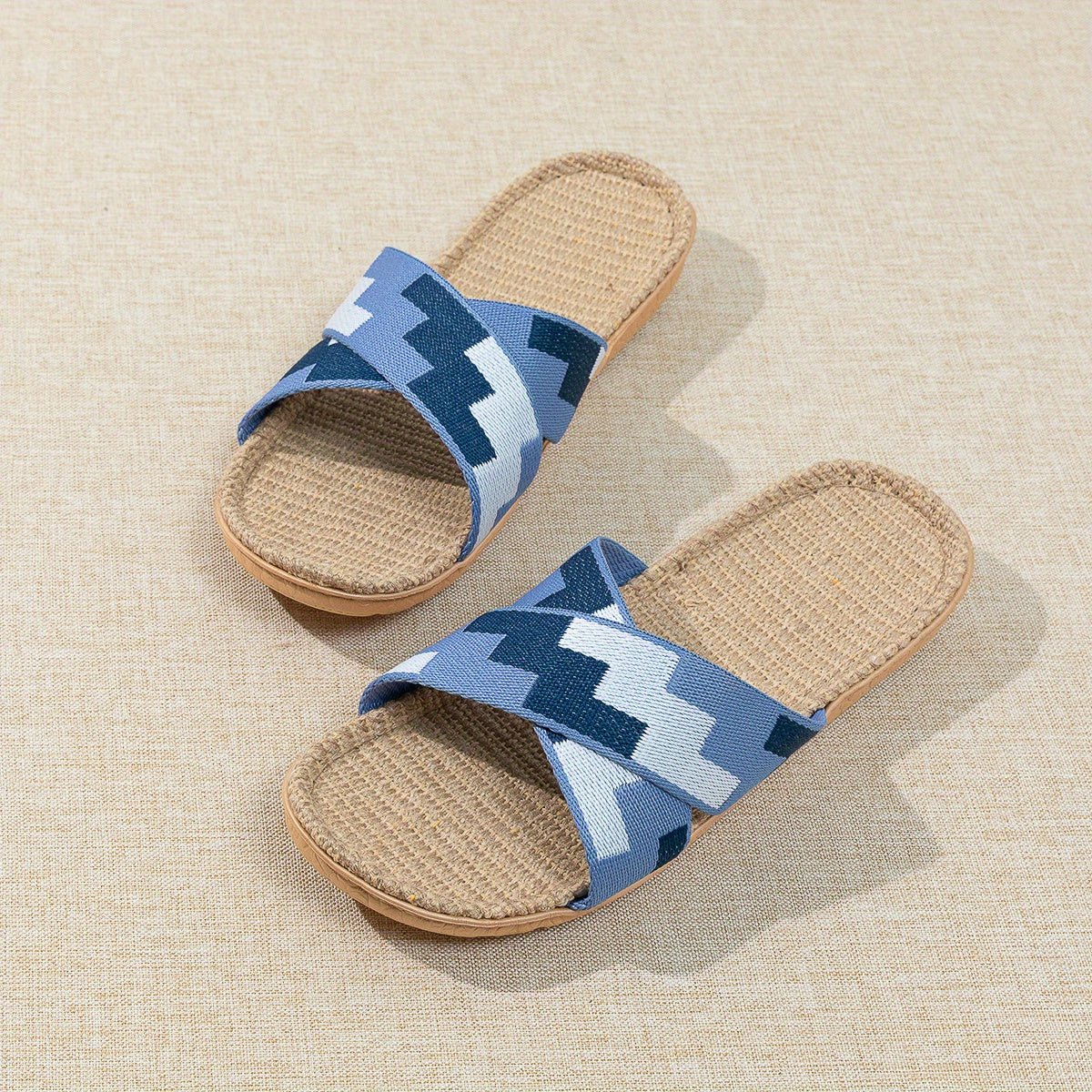 Crisscross Strap Linen Slides Colorblock Open Toe Slip On Flat Shoes