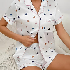 Heart Print Pajama Set Short Sleeve Top & Shorts Women's Sleepwear