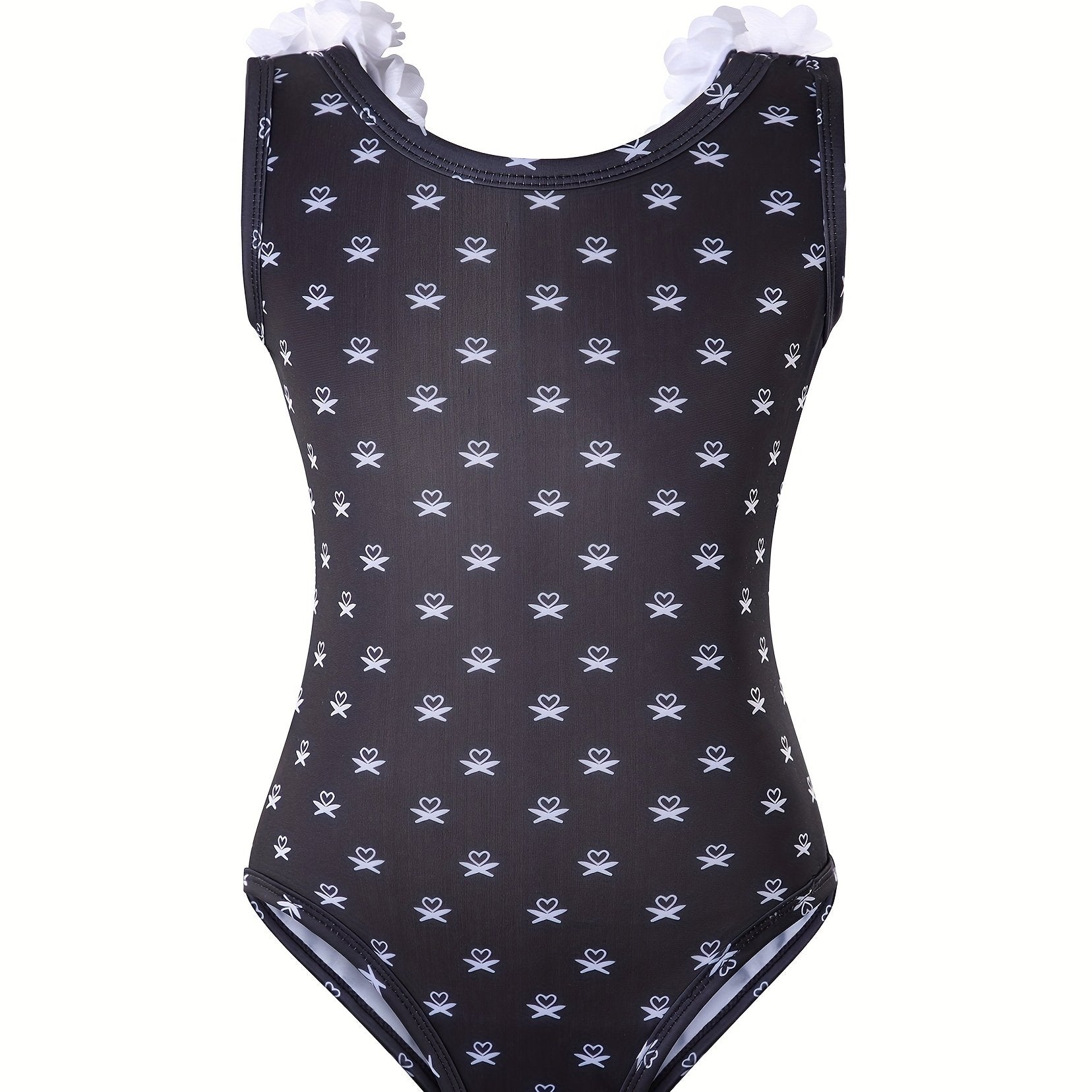 Girl's Heart Print Tankini Swimsuit with Flower Decoration
