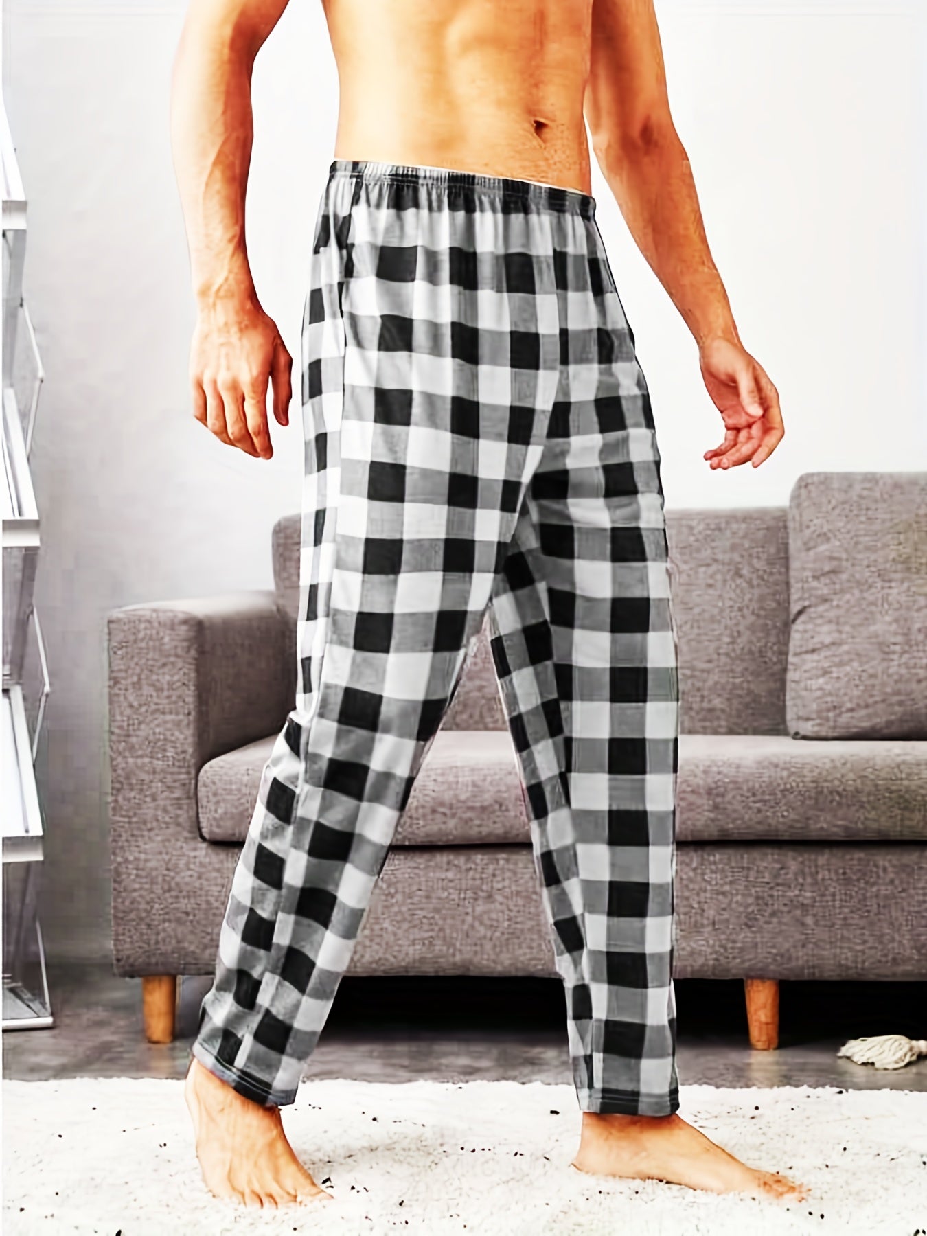Men's Plaid Elastic Waist Pants Straight Leg Retro Casual Trousers