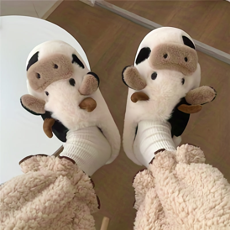Funny Cartoon Cow Slippers Plush Lined Platform Slides
