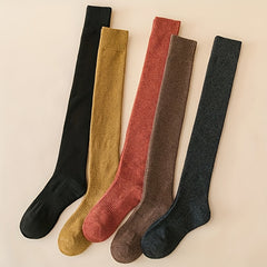 5 Pairs Solid Thigh High Socks Warm Over The Knee Socks Women's Stockings