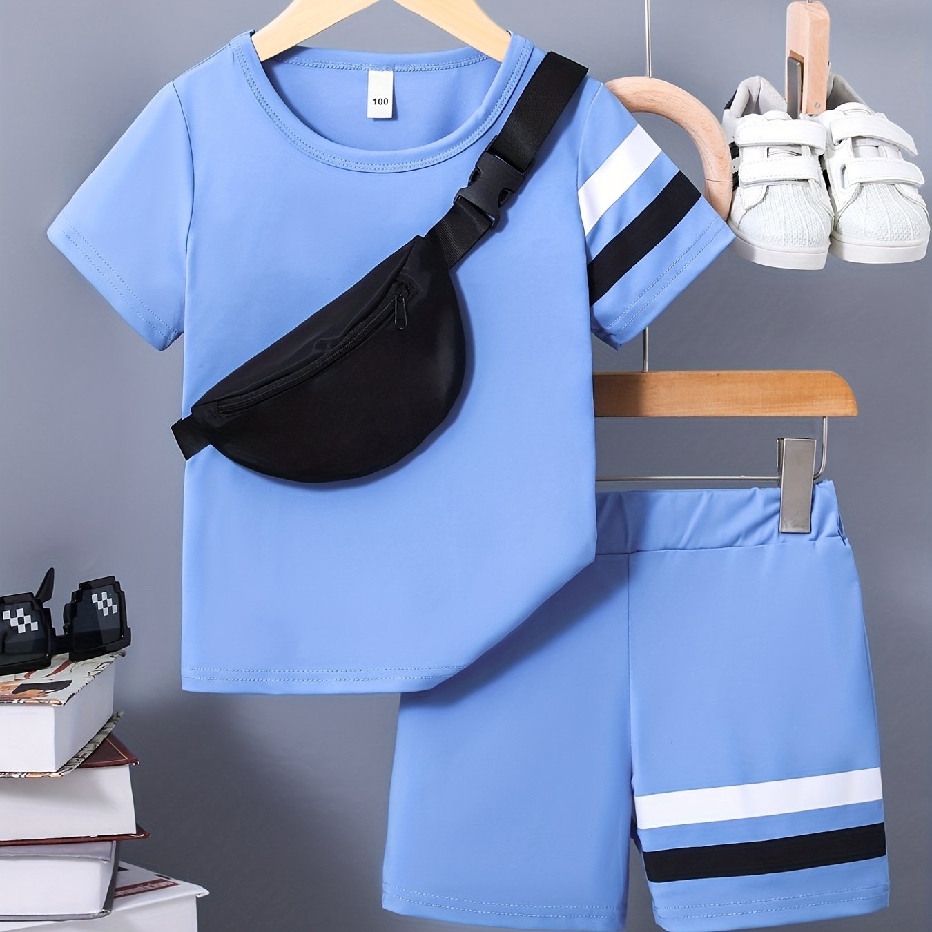 3pcs Boys Casual Stripe Short Sleeve T shirt&Shorts&Crossbody Bag Set