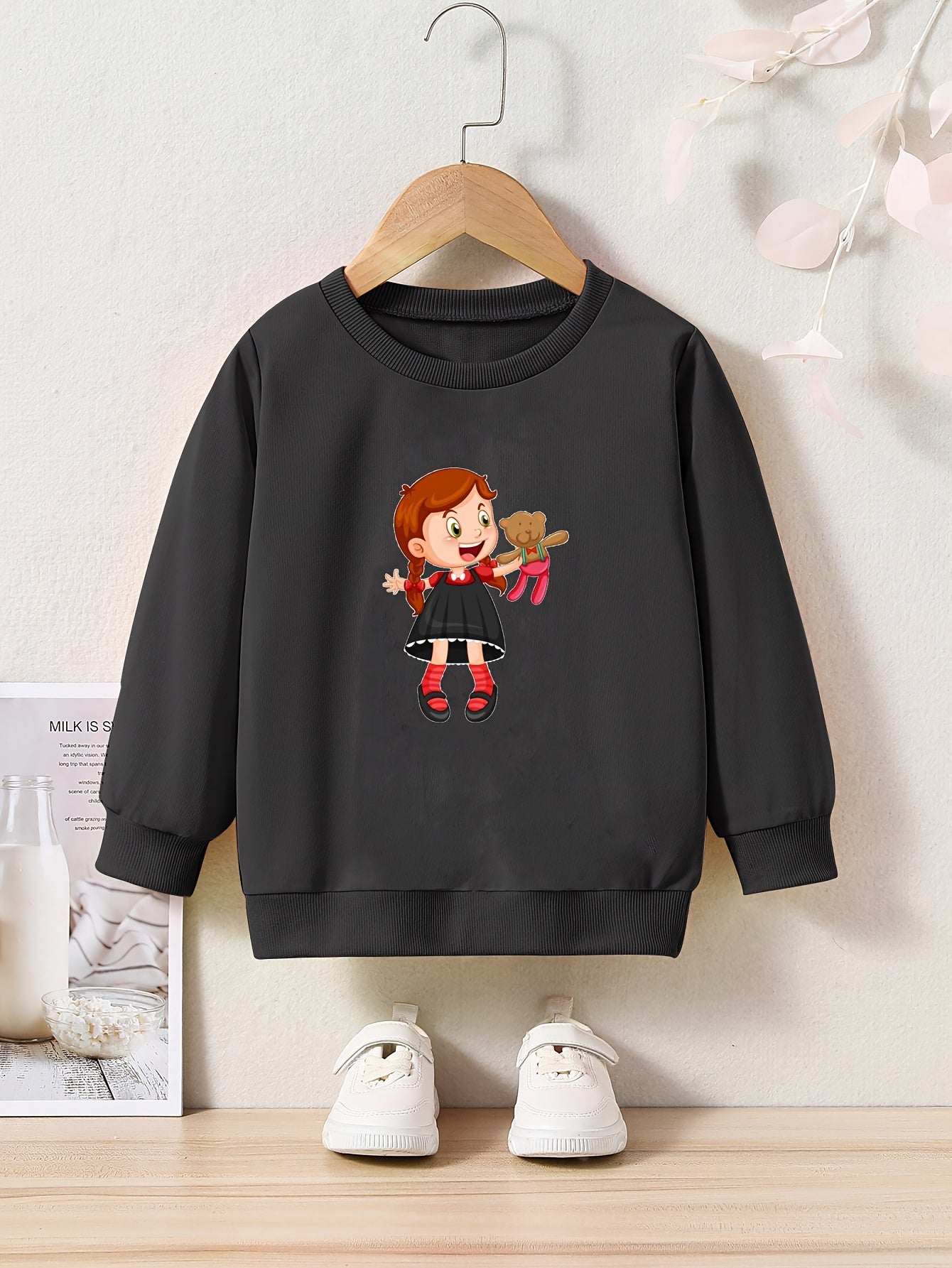 Anime Girl & Bear Doll Print Girls Sweatshirt Long Sleeve Crew Neck Tops