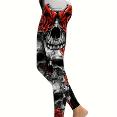 Flower & Skull Print Leggings For Halloween Yoga Fitness Pants