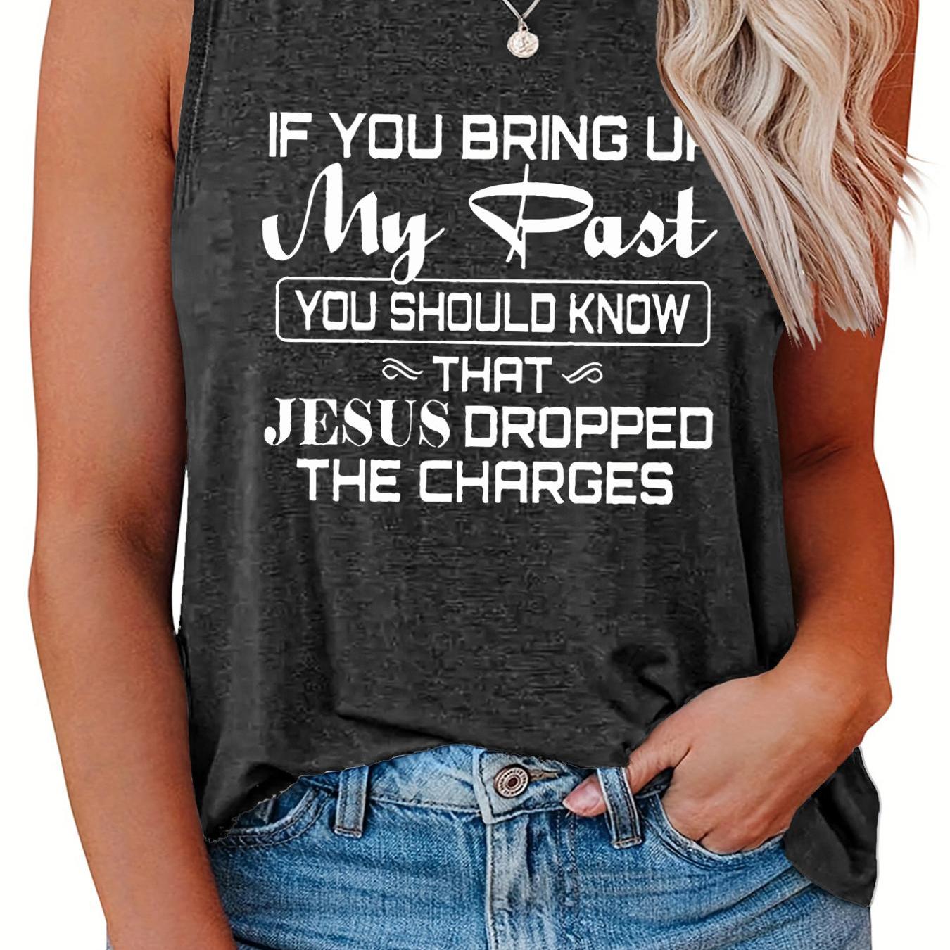 Slogan Print Tank Top Round Neck Casual Wear Stretchy