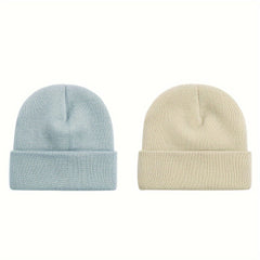 2pcs Acrylic Beanie Hat for Autumn/Winter Knitted Pullover Cap Candy Solid Cap