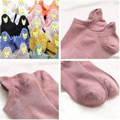 10 Pairs Women's Golden Fox Embroidered Cotton Ankle Socks