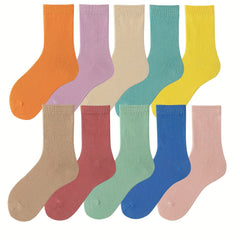 10 Pairs Mid Tube Women's Solid Socks Comfy & Breathable Stockings