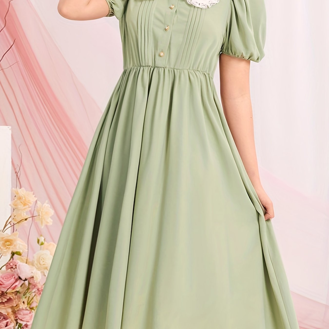 Girls Lace Collar Bead Button Short Sleeve Dress for Party Vacation