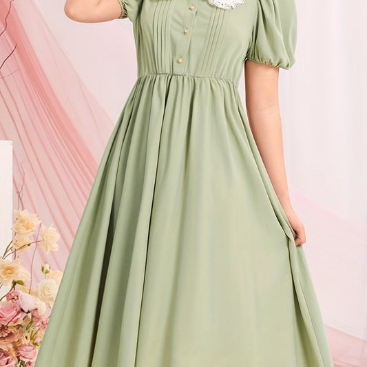 Girls Lace Collar Bead Button Short Sleeve Dress for Party Vacation