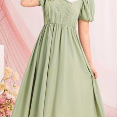 Girls Lace Collar Bead Button Short Sleeve Dress for Party Vacation