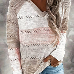 Block Hooded Knit Sweater V Neck Long Sleeve Casual Women's Clothing