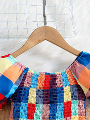 Girls Shirred Puff Sleeve Colorful Plaid Party Dress Kids Summer Clothes