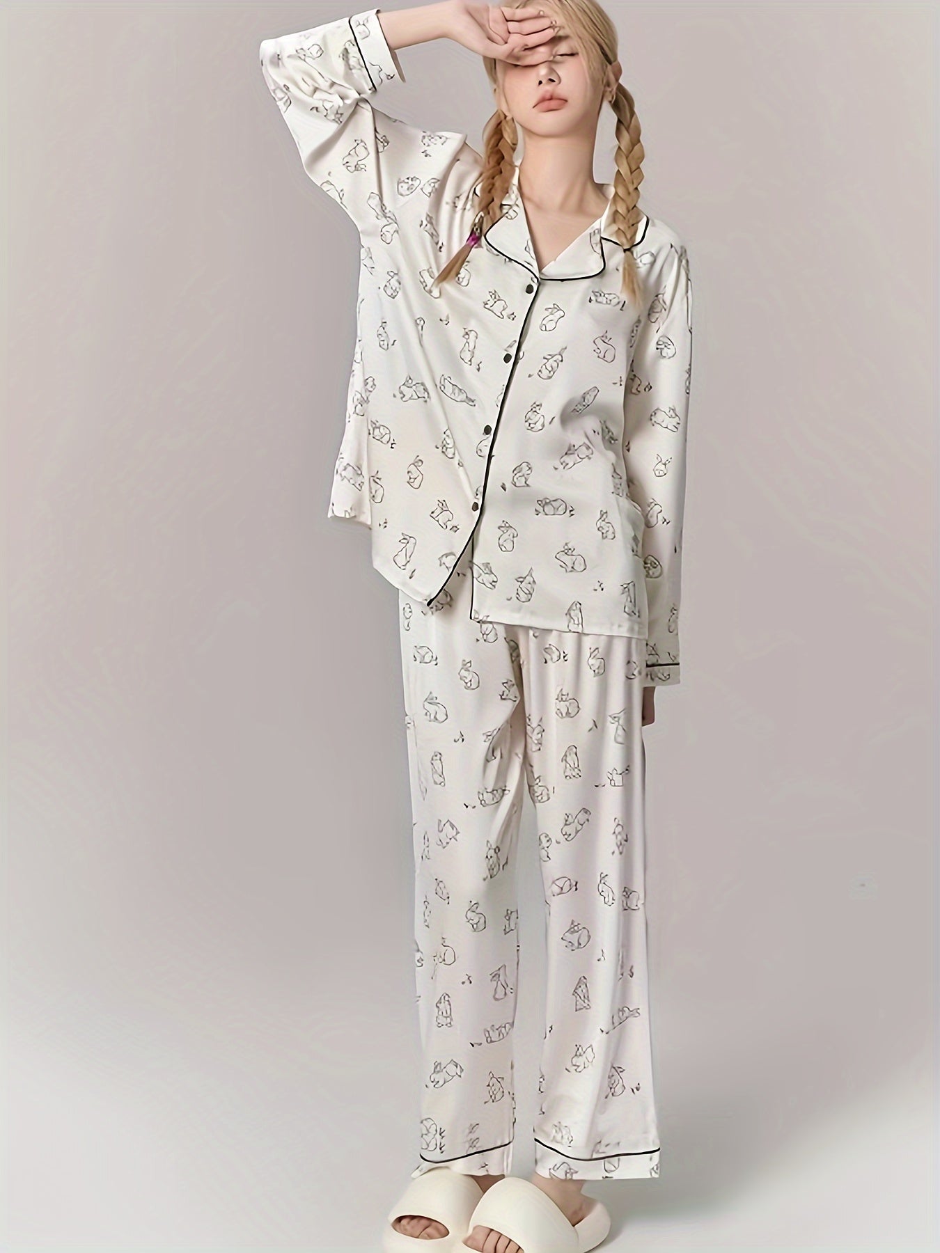 Rabbit Print Pajama Set Long Sleeve Top & Pants Women's Sleepwear