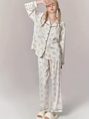 Rabbit Print Pajama Set Long Sleeve Top & Pants Women's Sleepwear