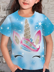 Tie Dye Unicorn Print Short Sleeve T shirt Girls Comfy Tees Pullover