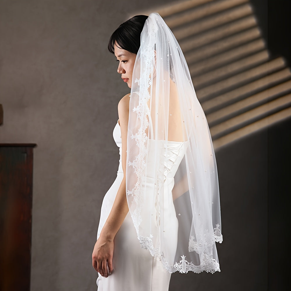 Lace Bridal Veil with Faux Pearl Accents for Weddings
