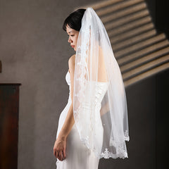 Lace Bridal Veil with Faux Pearl Accents for Weddings