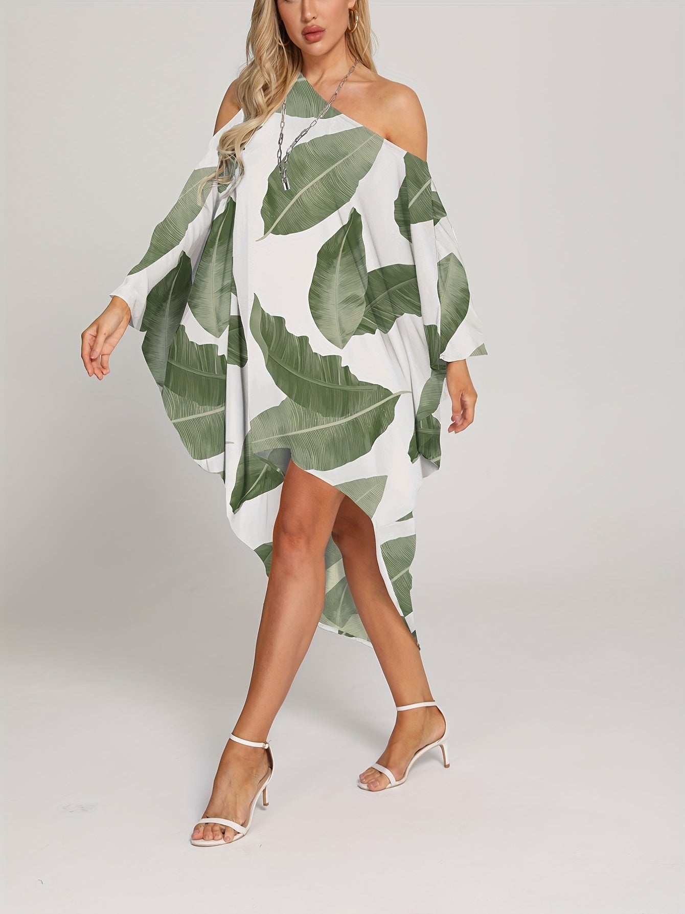Leaf Print Cover Up Dress One Shoulder Loose Fit Asymmetrical Beachwear Kaftan
