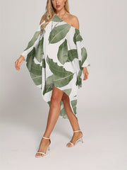 Leaf Print Cover Up Dress One Shoulder Loose Fit Asymmetrical Beachwear Kaftan